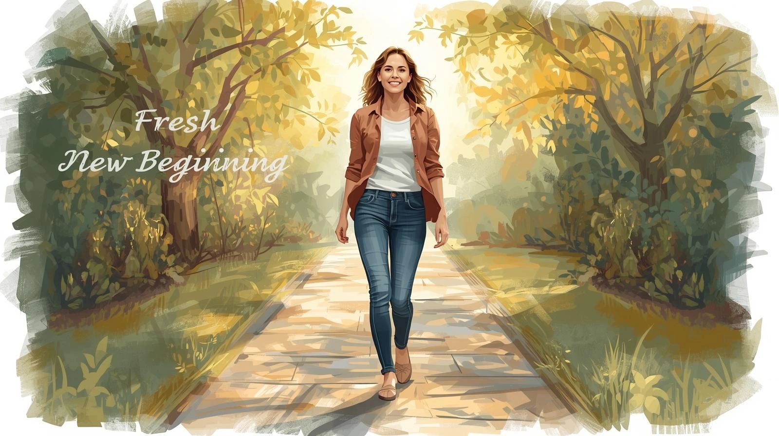 A woman walks confidently on a sunlit path surrounded by autumn trees.