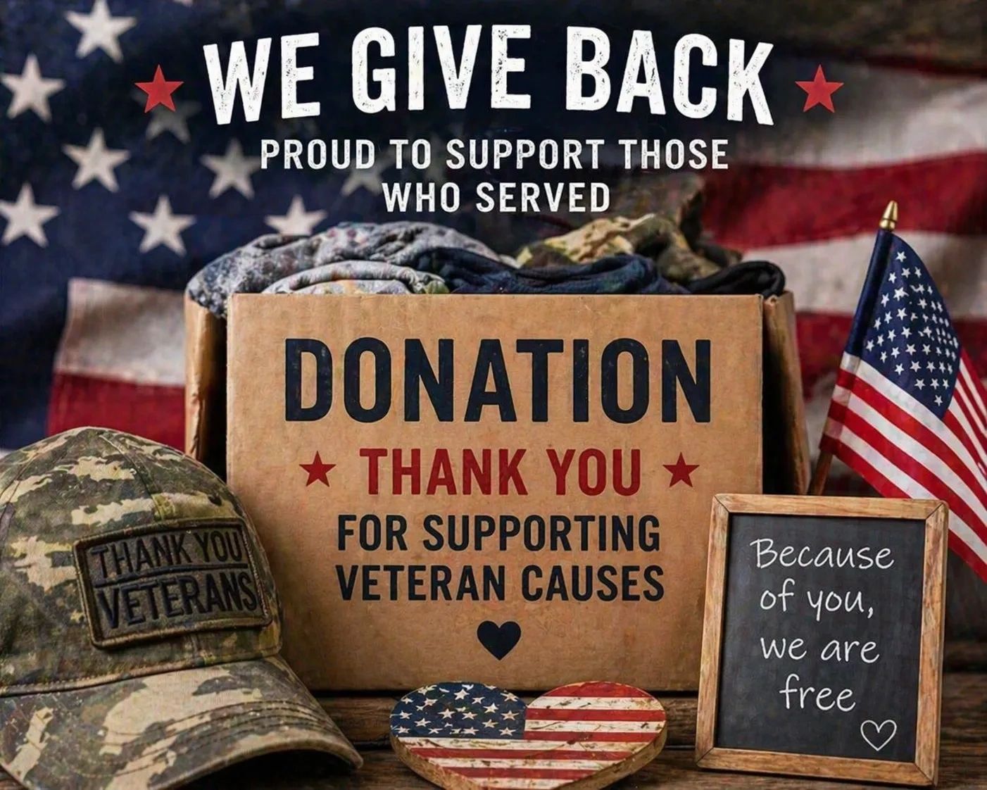 Donation box supporting veterans with American flag and military cap.
