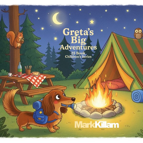 Greta the dachshund camping under starry sky with tent and campfire.