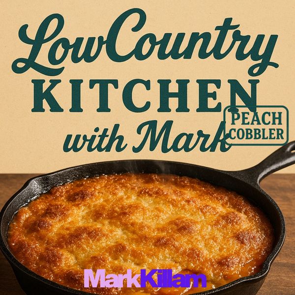Golden brown peach cobbler in cast iron skillet with Lowcountry Kitchen with Mark branding
