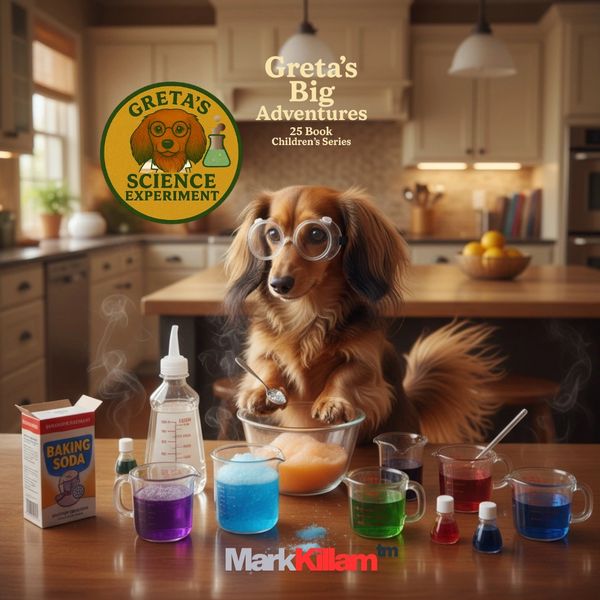 Greta the dachshund conducting science experiment in kitchen with colorful beakers