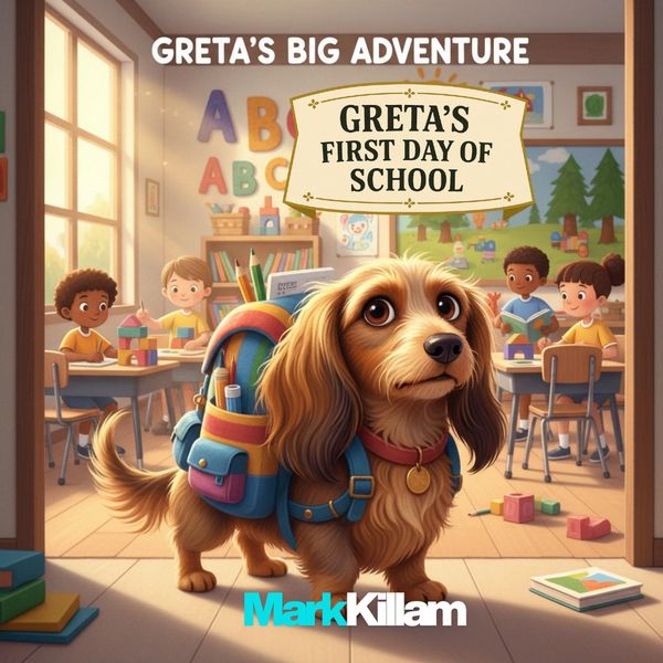 Dachshund in classroom with students on first day of school