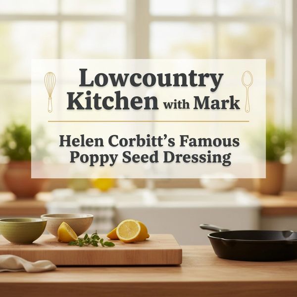 Kitchen counter with fresh lemons and ingredients for Helen Corbitt's famous poppy seed dressing rec