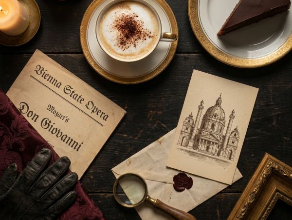 Opera program, coffee, chocolate cake, gloves, and vintage items on a table.