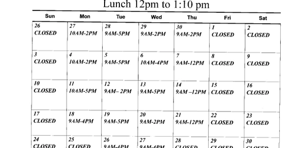 A monthly schedule showing lunch hours and closure days for a facility.