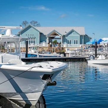 A marina with boats docked near a light blue building under a clear sky.