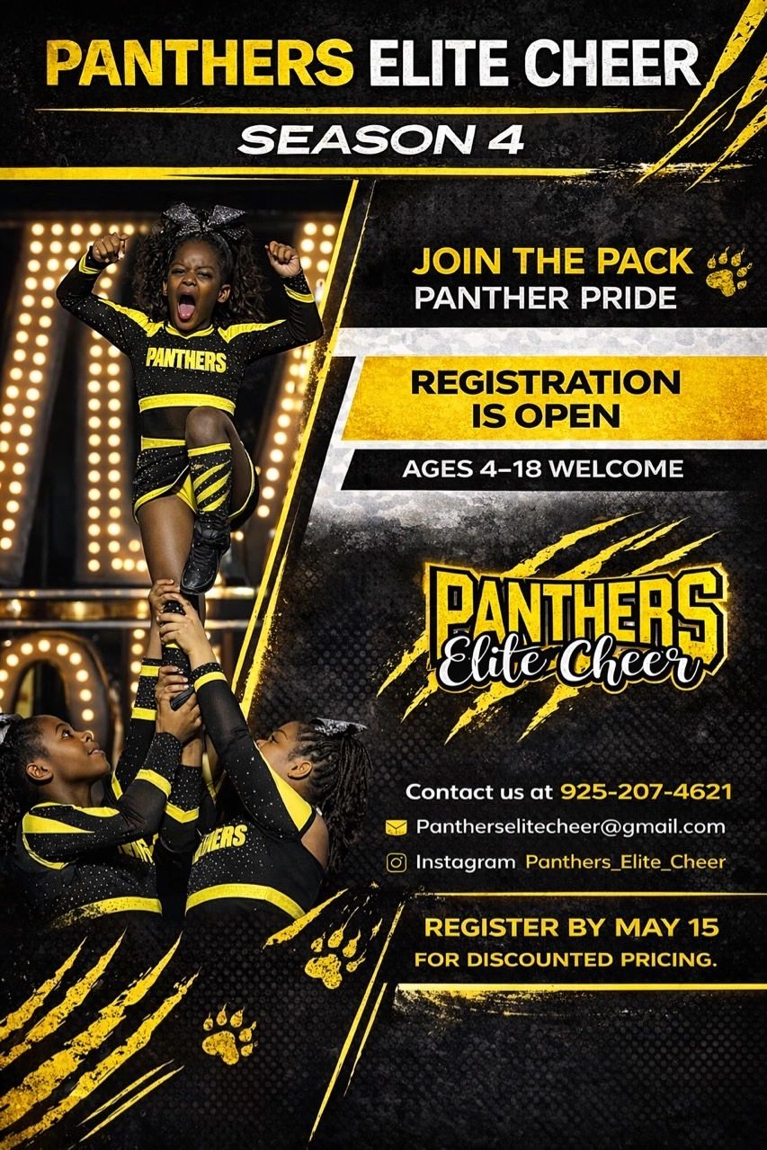 Excited young cheerleaders from Panthers Elite Cheer promoting season 4 registration.