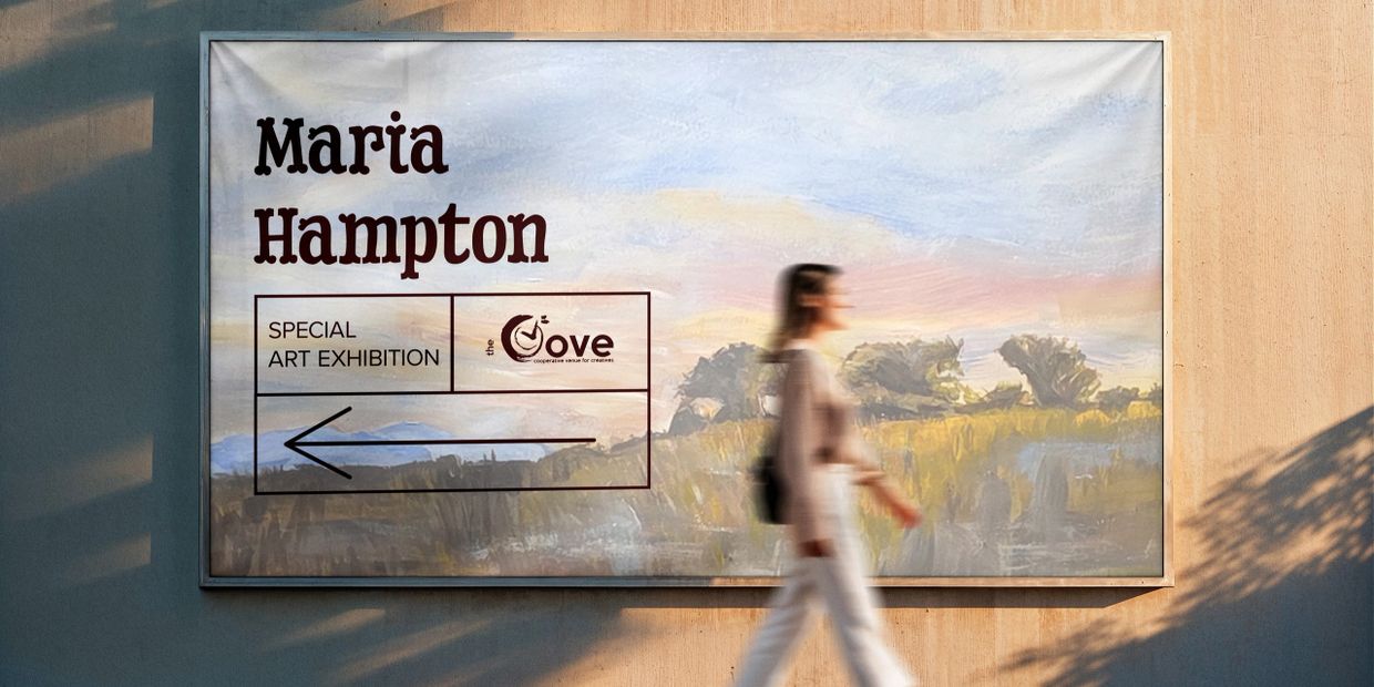 Billboard for Maria Hampton's special art exhibition with a blurred person walking by.