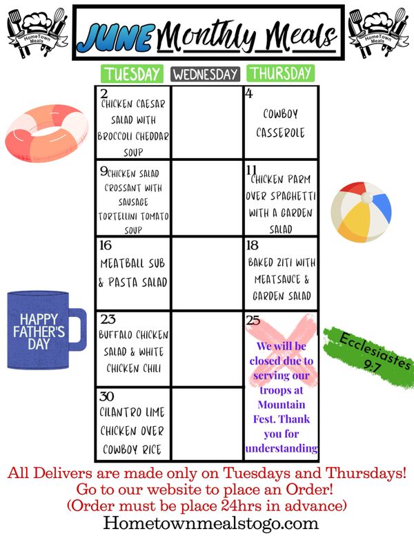 June monthly meal menu with Tuesday and Thursday meal options listed.