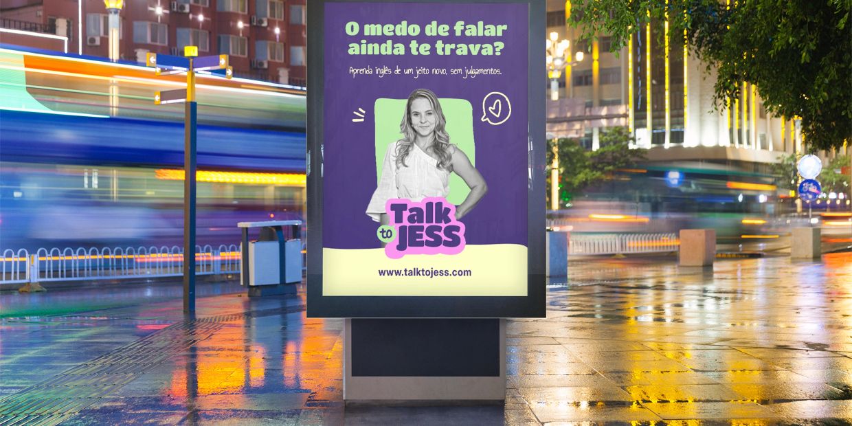 Outdoors billboard ad for Talk to Jess English learning.