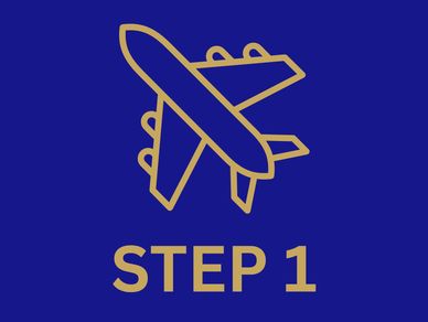 Gold airplane icon with 'STEP 1' text on blue background.