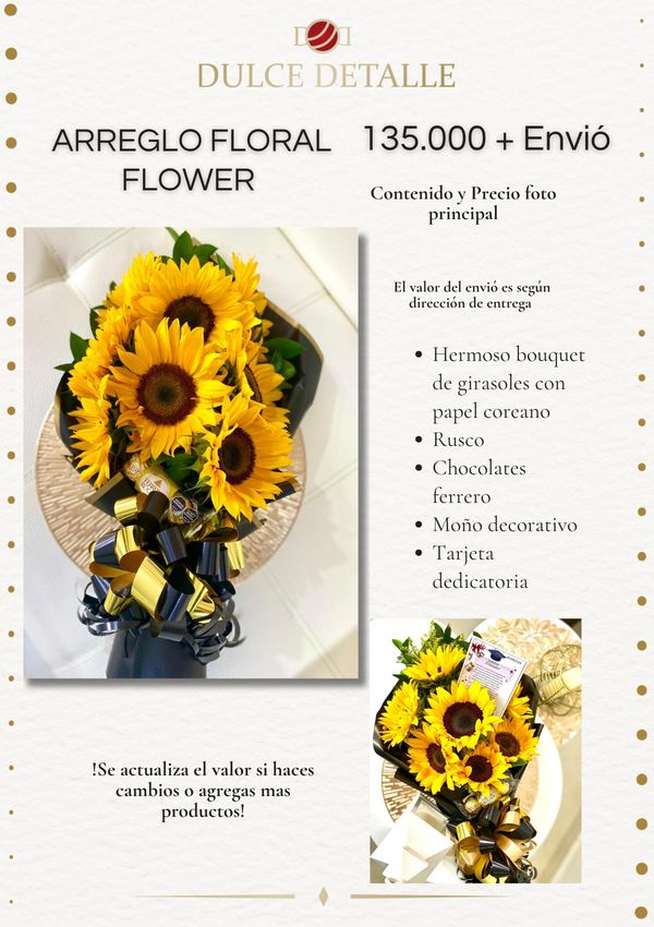 Arreglo floral con girasoles y chocolates Ferrero.