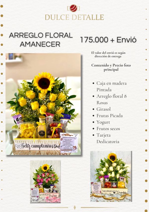 Arreglo floral Amanecer con girasol, rosas amarillas y varios complementos.