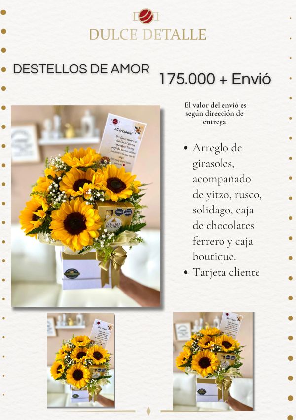 Arreglo de girasoles con chocolates y tarjeta cliente.