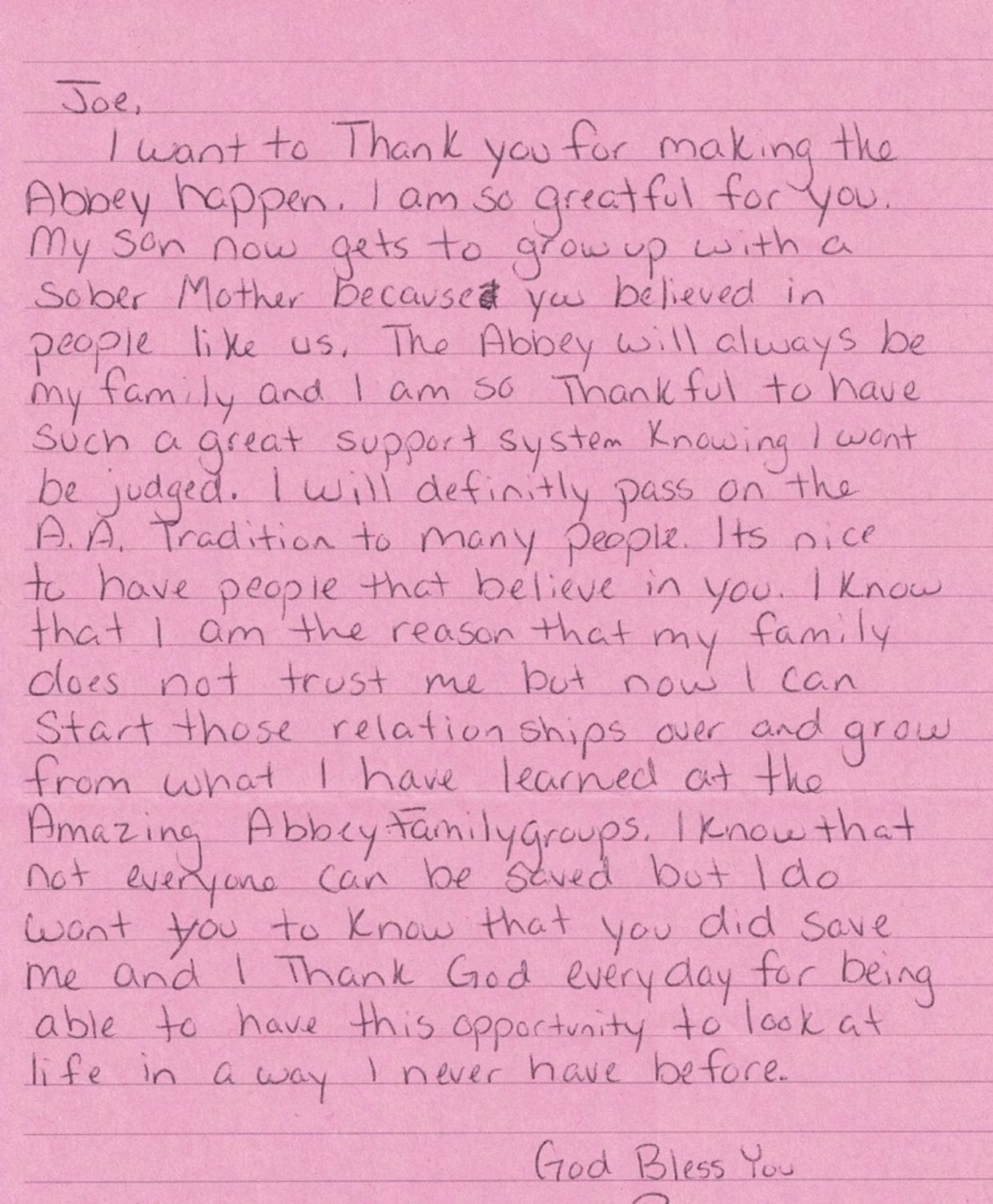 Handwritten thank you note expressing gratitude for support and recovery.