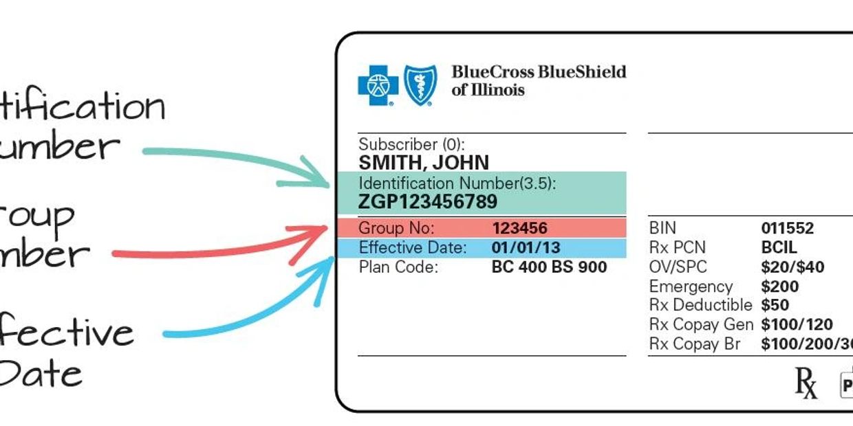 Insurance card details with identification, group number, and effective date.