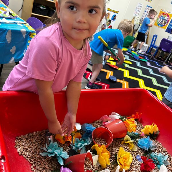 Child playing with colorful flowers and beans in a red container.