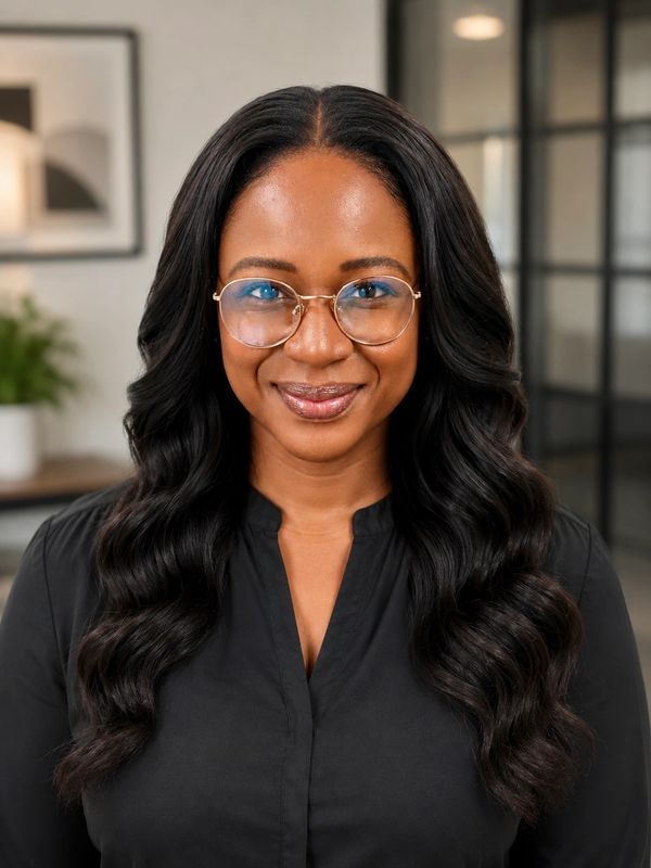 Woman with long wavy hair and glasses smiling warmly.