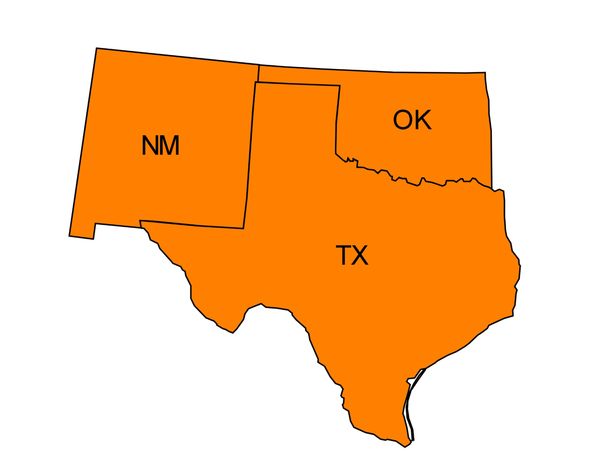 Map showing New Mexico, Oklahoma, and Texas.