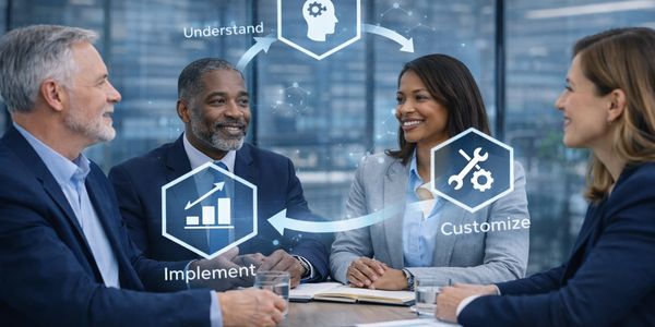 Business team discussing a process involving understanding, customizing, and implementing.