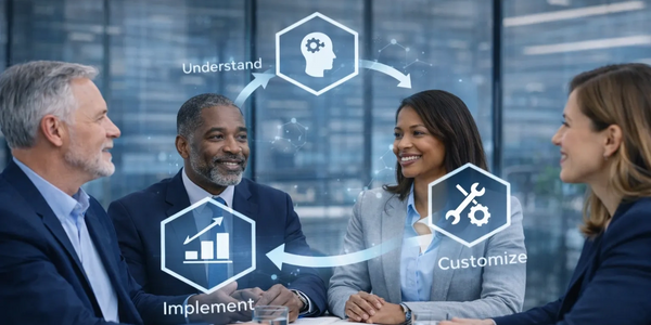 Business professionals discussing strategies with process icons overlayed.