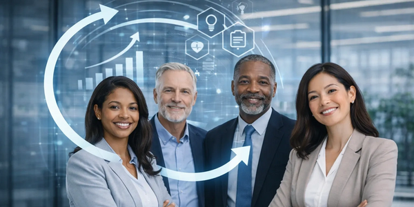 Diverse business team with futuristic growth and innovation icons.