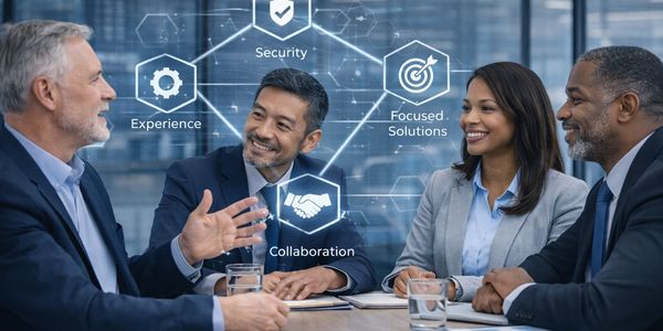 Business professionals collaborating with digital icons representing key concepts.