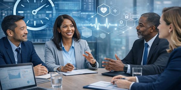 Business professionals discussing healthcare data in a modern office.