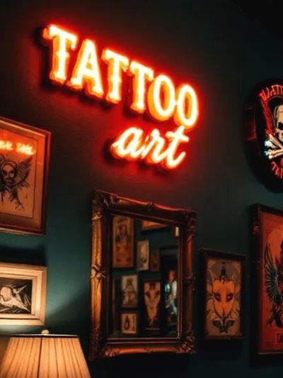 Cozy tattoo parlor corner with warm lighting and framed tattoo art.