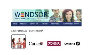 Windsor Public Library Adult Literacy Deaf Literacy info with Canada and Ontario logos.