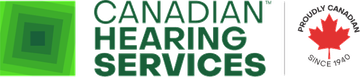 Logo of Canadian Hearing Services featuring a green square and a maple leaf.