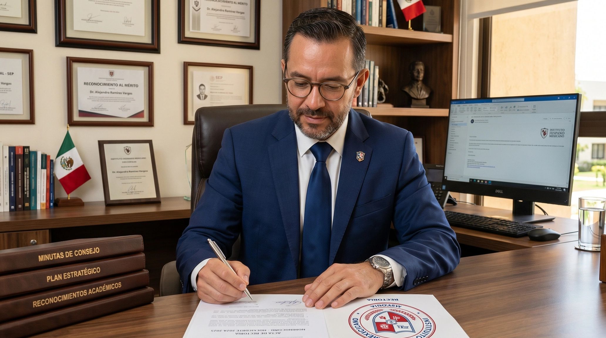 Man in a blue suit signing a document at a wooden desk in an office.