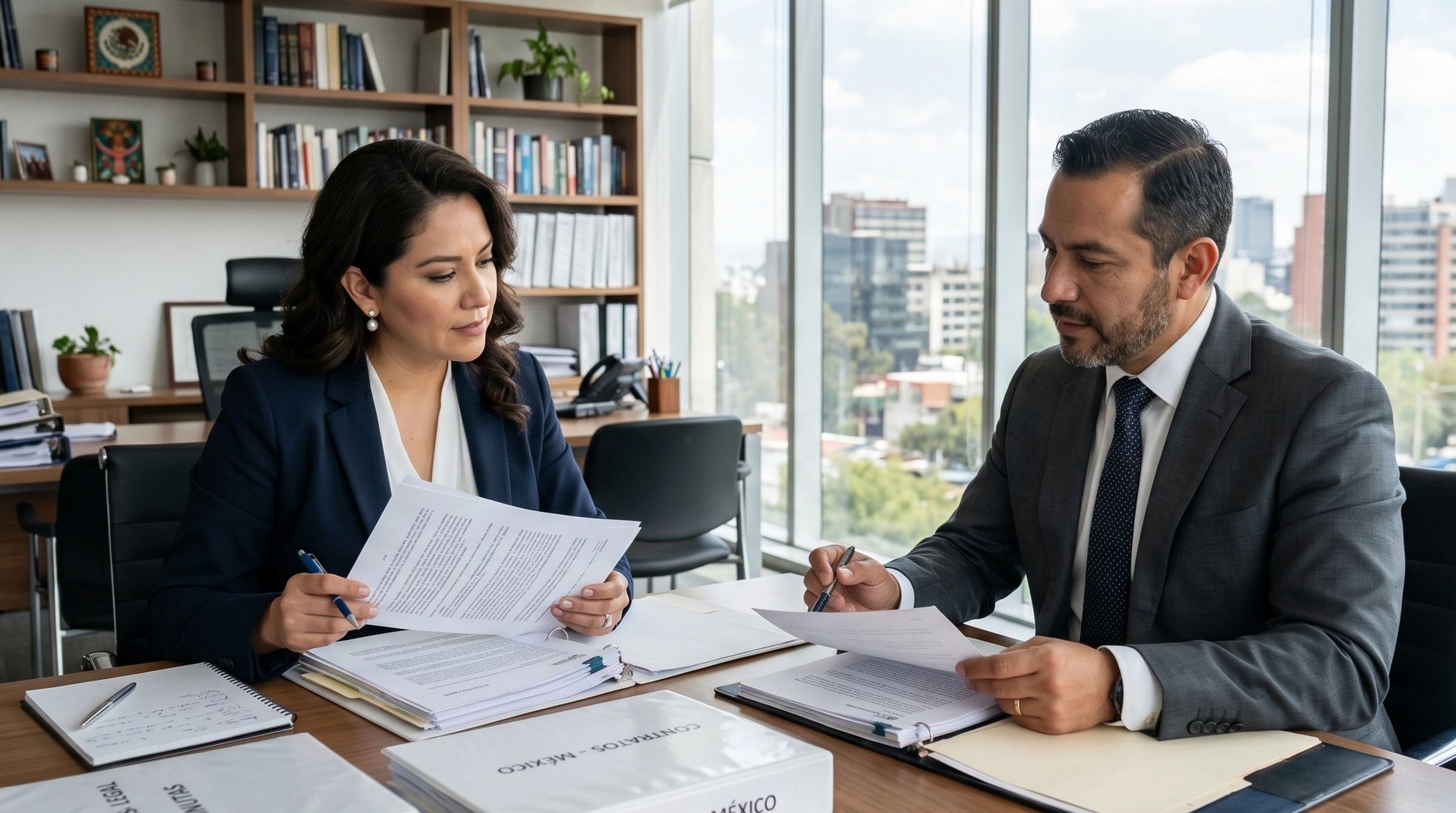Two professionals discussing documents in a modern office with city view.