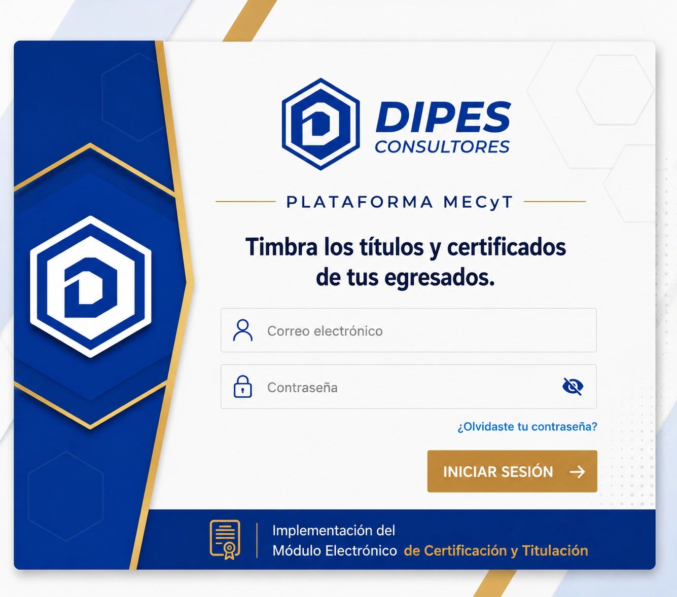 Interfaz de inicio de sesión para plataforma de certificación y titulación de egresados.