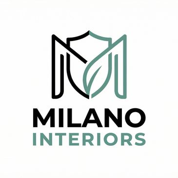 Logo for Milano Interiors featuring a stylized shield and leaf design.