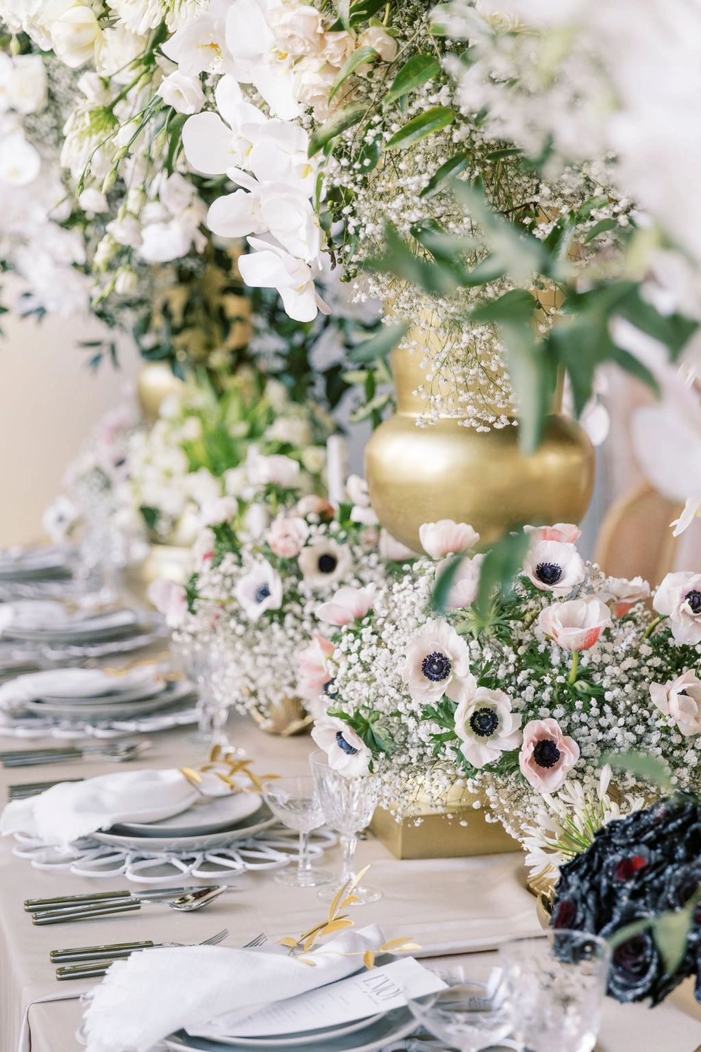 Wedding florals set up on table. 