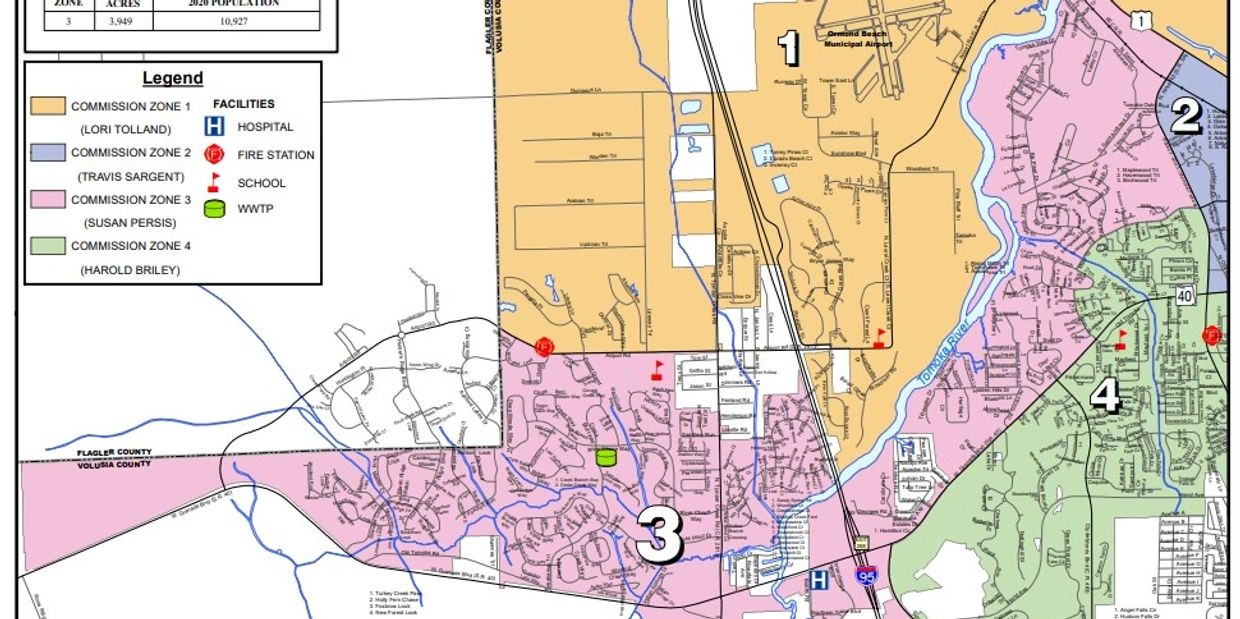 The map shows Ormond Beach City Commissioner Zone 3 in pink.