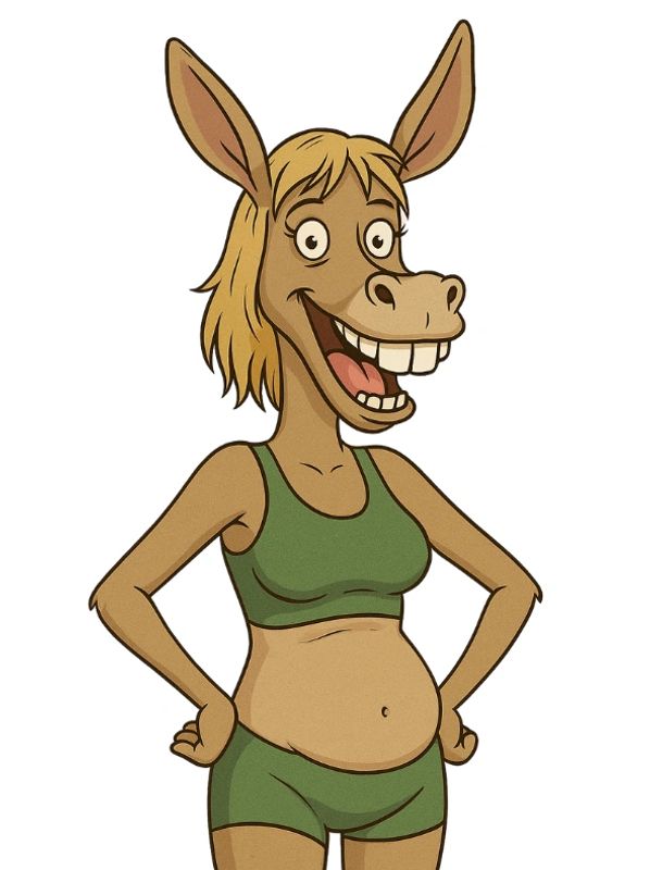 Cartoon donkey character in green sportswear, smiling confidently.