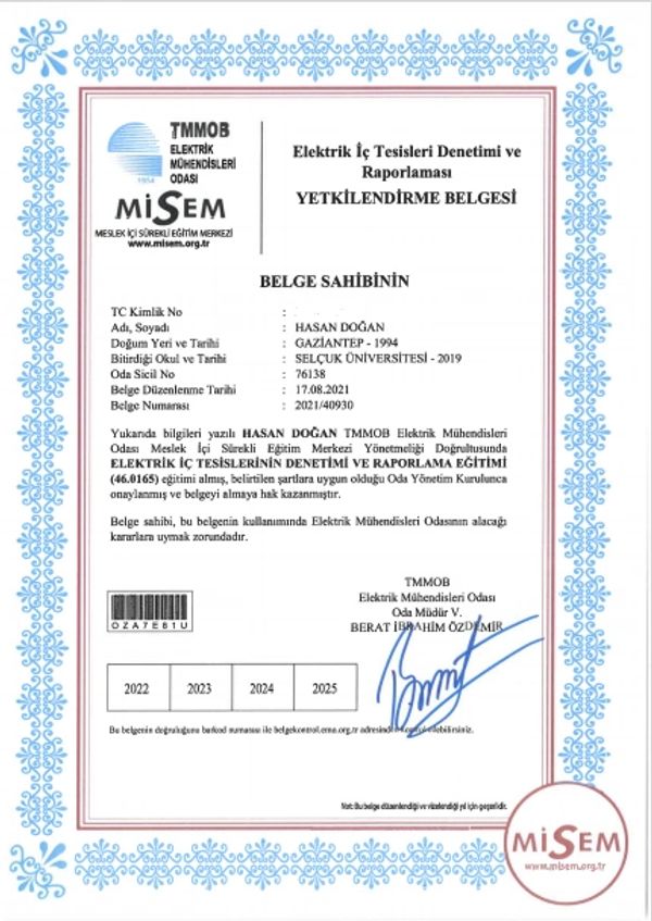 ELEKTRİK İÇ TESİSLERİNİ DENETİM VE RAPORLAMA YETKİ BELGESİ 