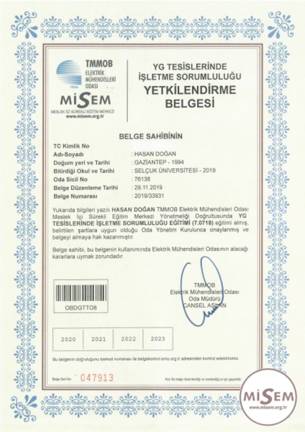 YG TESİSLERİNDE İŞLETME SORUMLULUĞU YETKİLENDİRME BELGESİ