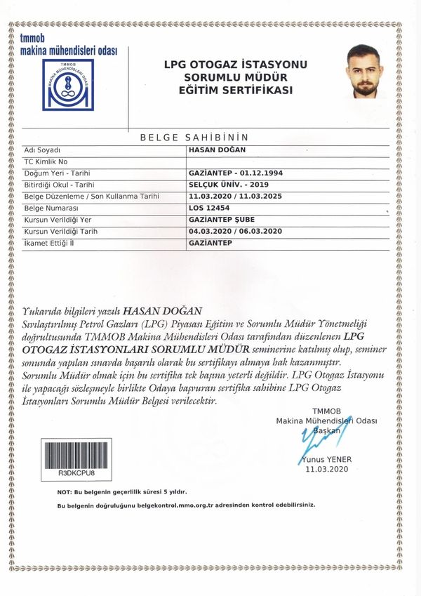LPG OTOGAZ SORUMLU MÜDÜRLÜK SETİFİKASI