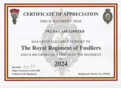 Certificate of Appreciation awarded to PECNA Care Limited by The Royal Regiment of Fusiliers for 2024.