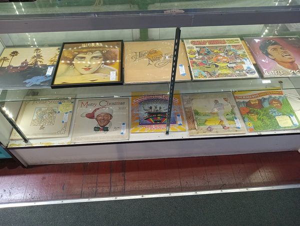 Looking down at a display case with vintage records inside.