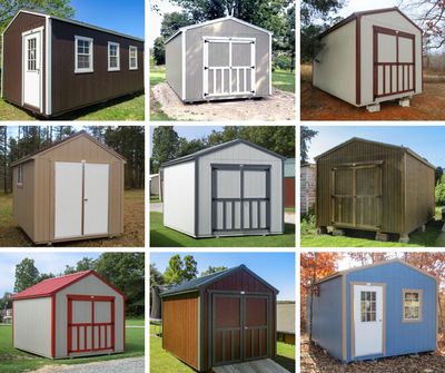 collage of portable storage sheds and buildings