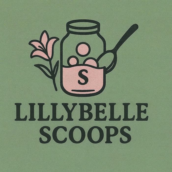Logo with a jar, spoon, flower, and text LillyBelle Scoops.