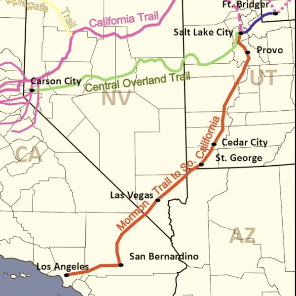Map showing Mormon Trail to Southern California route through southwestern US.