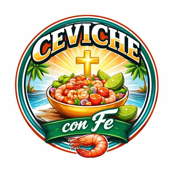 Colorful ceviche bowl with shrimp, lime, and vegetables under a glowing cross.
