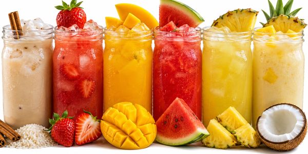 Colorful tropical fruit smoothies in jars with fresh fruit garnishes.