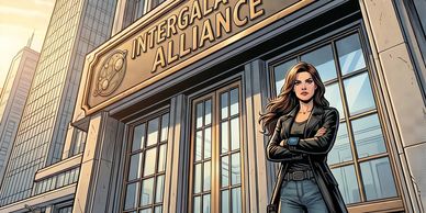 Confident woman stands outside the Intergalactic Alliance building in a futuristic cityscape.