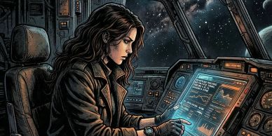 A woman operates futuristic controls on a spaceship bridge.